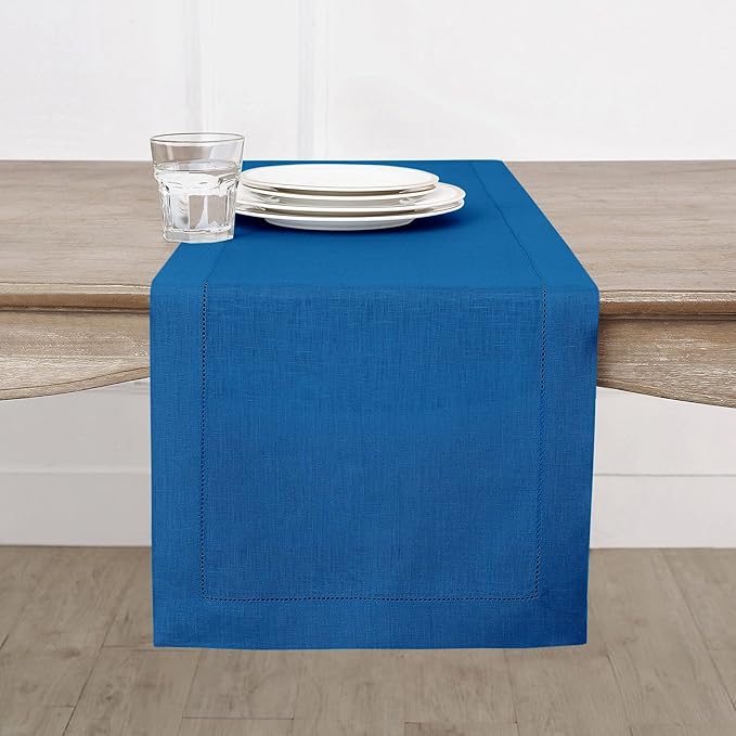 Solino Home Linen Hemstitch Table Runner 120 Inches Long - 100% Pure Linen Indigo Blue Table Runner 14 x 120 Inch for Fall, Autumn, Christmas - Classic Hemstitch