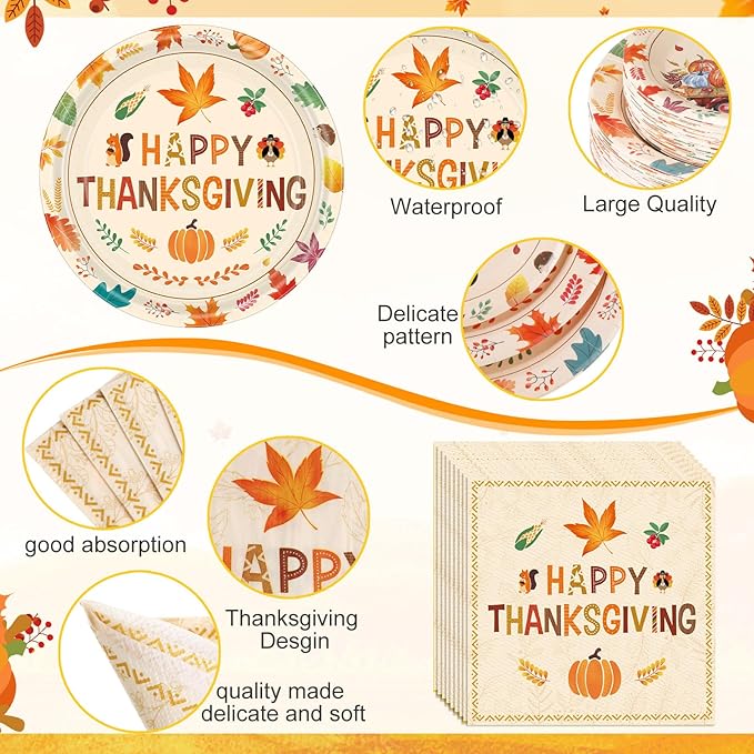 452 Pcs Happy Thanksgiving Party Decorations for 50, Pumpkin Leaves Turkey Give Thanks Paper Plates Napkins Cups Tablecloth Cutlery Straws for Fall Harvest Thanksgiving Theme Party Supplies