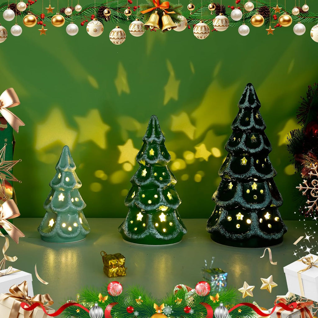 ceramic christmas tree with lights, set of 3, side view
