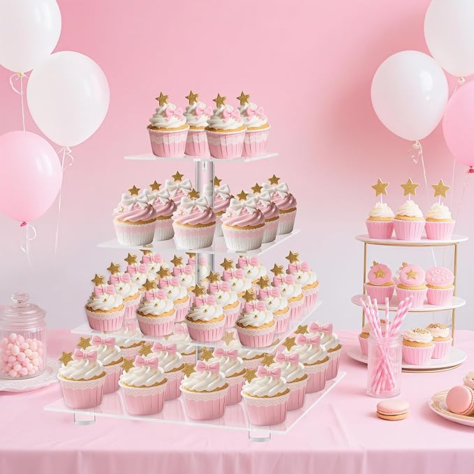 YestBuy 4 Tier Acrylic Cupcake Stand with Base, Premium Cupcake Holder, Acrylic Cupcake Tower Display Cady Bar Party Décor – Display for Pastry(4.7" Between 2 Layers)…
