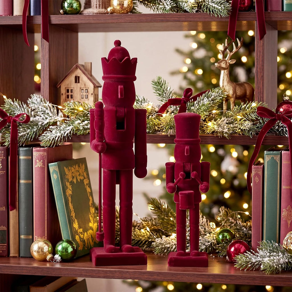 christmas nutcracker figures, burgundy, wooden+velvet, side view