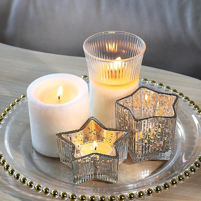 Letine 10pcs Silver Ribbed Star Candle Cups - Assorted Height Tea Light Holders, Votive Candle Holders forWedding, Fall Table Centerpiece, Mercury Glass Lucky Star Jar Decor(Tall 2.44", Short 1.57")