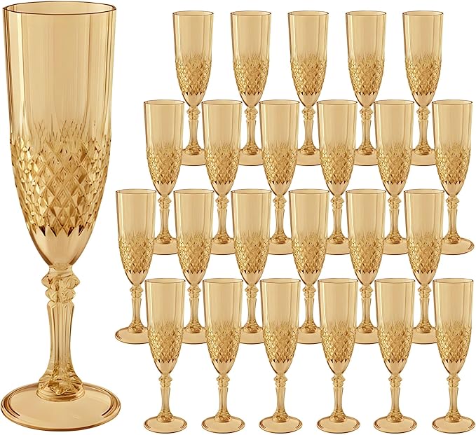 Plastic Champagne Flutes, 24PCS Gold Wine Glasses Goblets Cups Reusable Flute, for Weddings Bachelor Parties Toasting and Events(24, Gold)