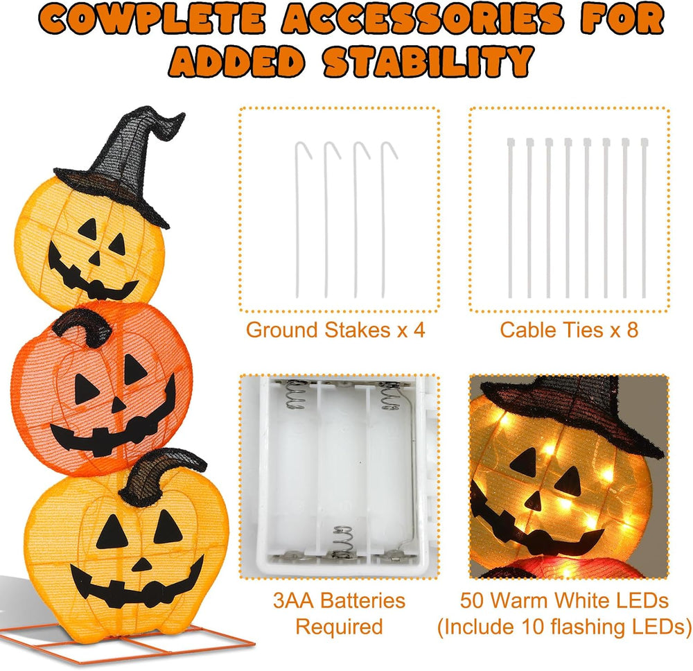 Halloween Lighted Stacked Pumpkins Decoration, Pre-Lit with 50 Warm White Lig...
