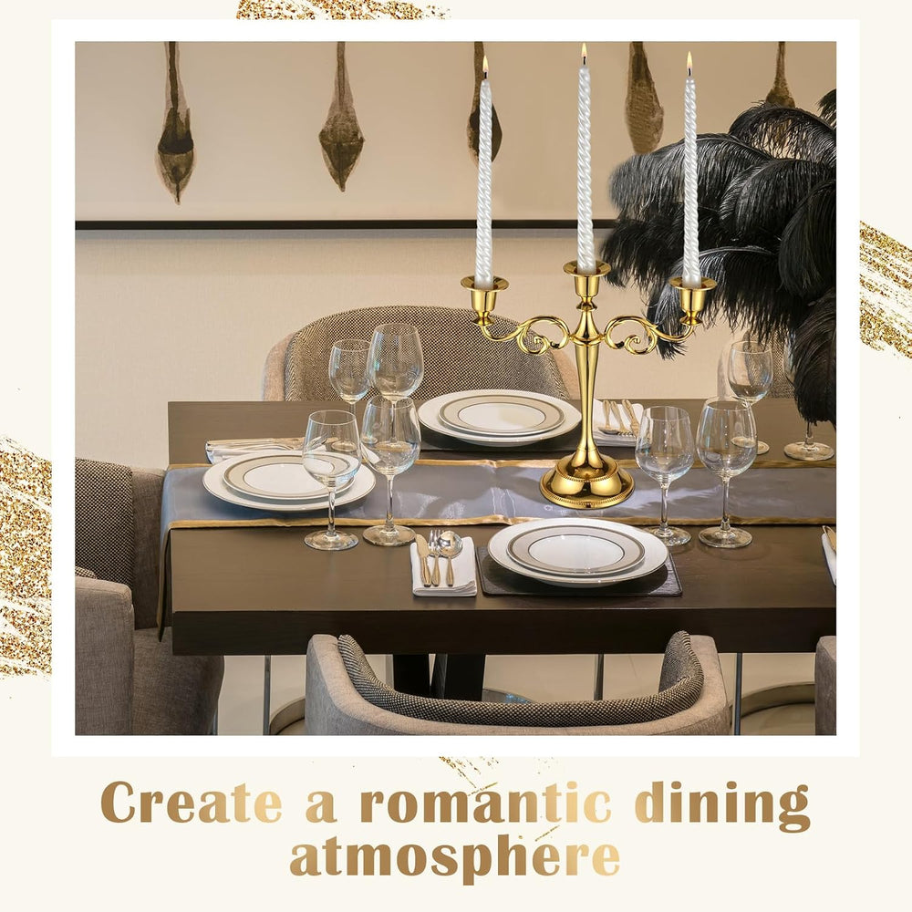 Dandat 3 Pcs 3 Arm Metal Candelabra Candle Holder, Classic, 10", Gold