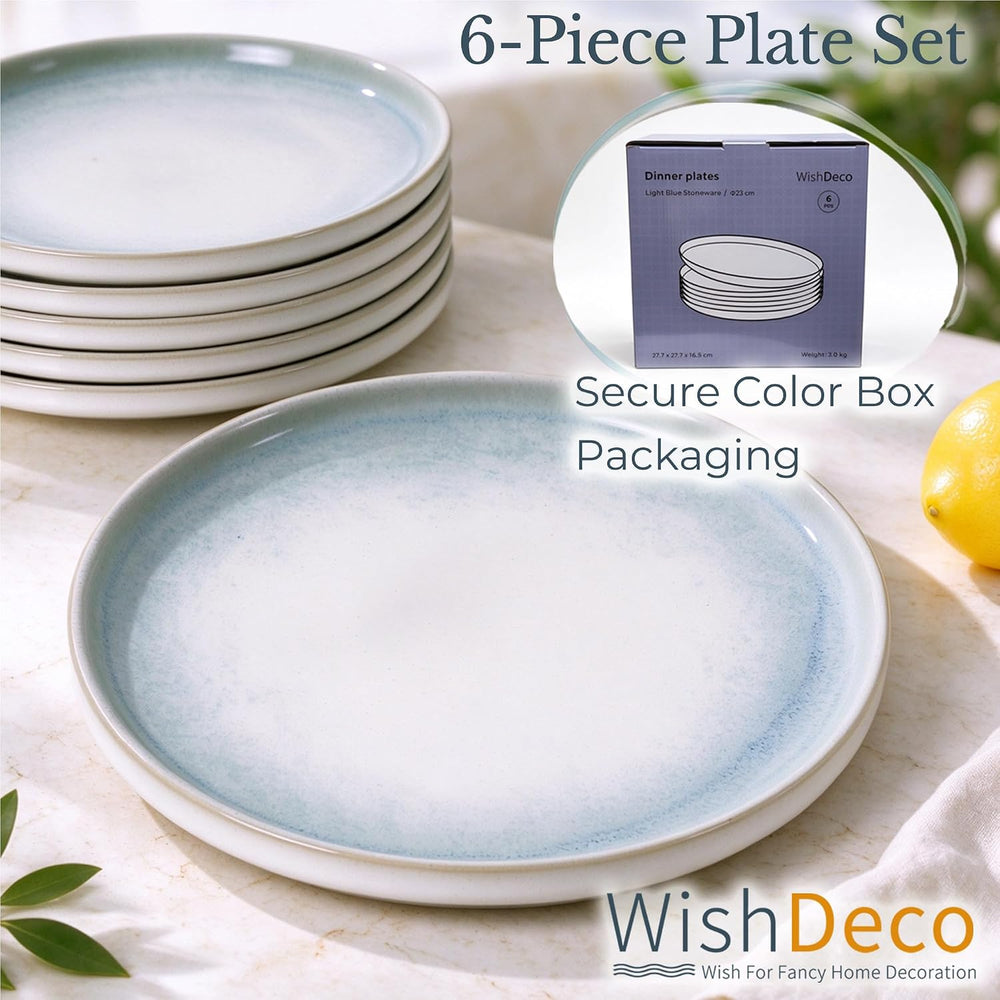 WishDeco Ceramic Dinner Plates Set of 6, Modern Blue Salad Plates 9 inch