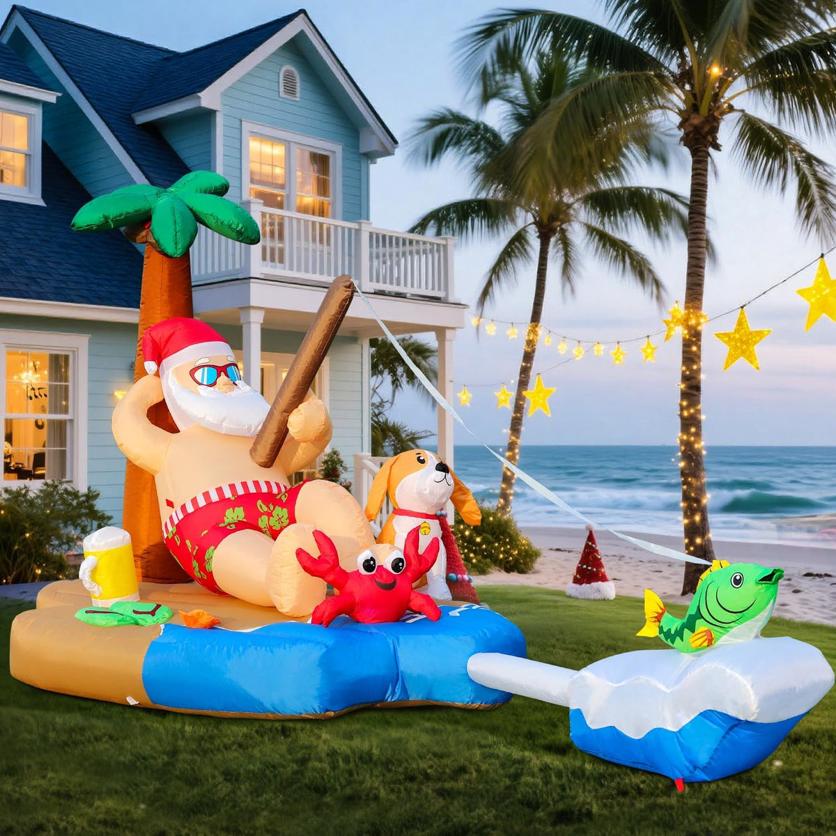 DomKom 10FT Christmas Inflatable Blow Up Decorations, Santa Claus Fishing by a Palm Tree, Built-in LEDs for Holiday Party, Garden, Lawn, Yard, Patio Décor, Christmas in July