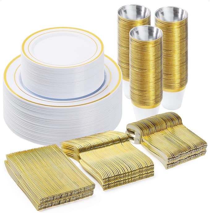 BESTVIP 300PCS Plastic Dinnerware Set (50 Guests), Gold Disposable Plates for Party, Wedding, Christmas, Anniversary, Includes: Dinner Plates, Dessert Plates, Cups, Spoons, Forks and Knives