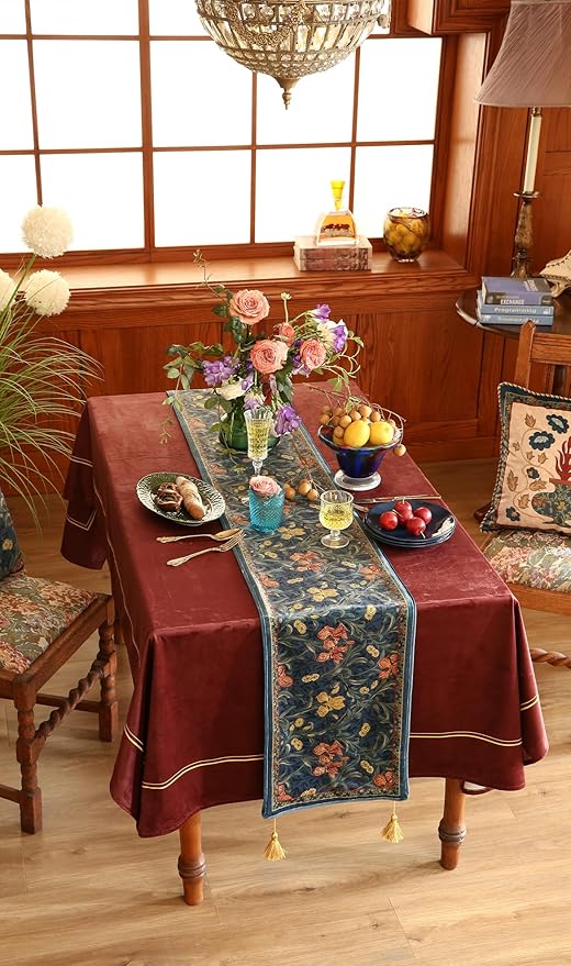 patdrea Designer Casual Wild Floral Velvet Table Runner 87 Inch Long, Dark Blue Occult Bouquets Pattern Table Mat, Decoration for Kitchen Dining Coffee Table Cabinet Banquet Thanksgiving,12"*87"