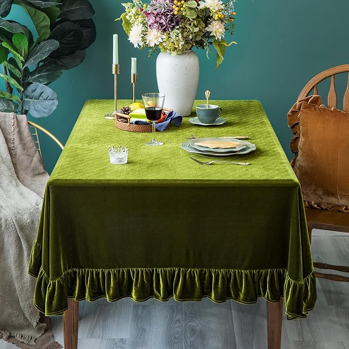 Velvet Tablecloth Luxurious Solid Rectangle Table Cloth,Oblong Retro Farmhouse Ruffle Tablecloths Washable Table Cover for Party Olive Green,52x70 Inches