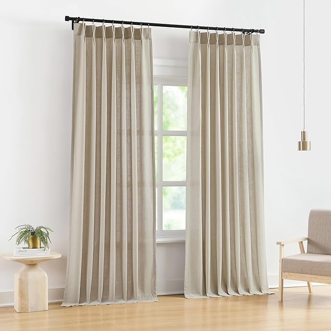 Vision Home Sand Pinch Pleated Semi Sheer Curtains Textured Linen Blended Light Filtering Window Curtains 84 inch for Living Room Bedroom Pinch Pleat Drapes with Hooks 2 Panels 40" Wx84 L,Camel Beige