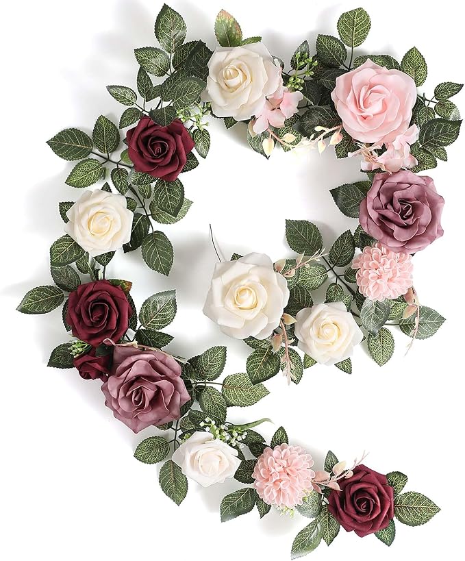 5FT Artificial Rose Flower Burgundy Fake Floral Garland for Wedding Ceremony Backdrop Arch Flowers Table Centerpieces Decorations
