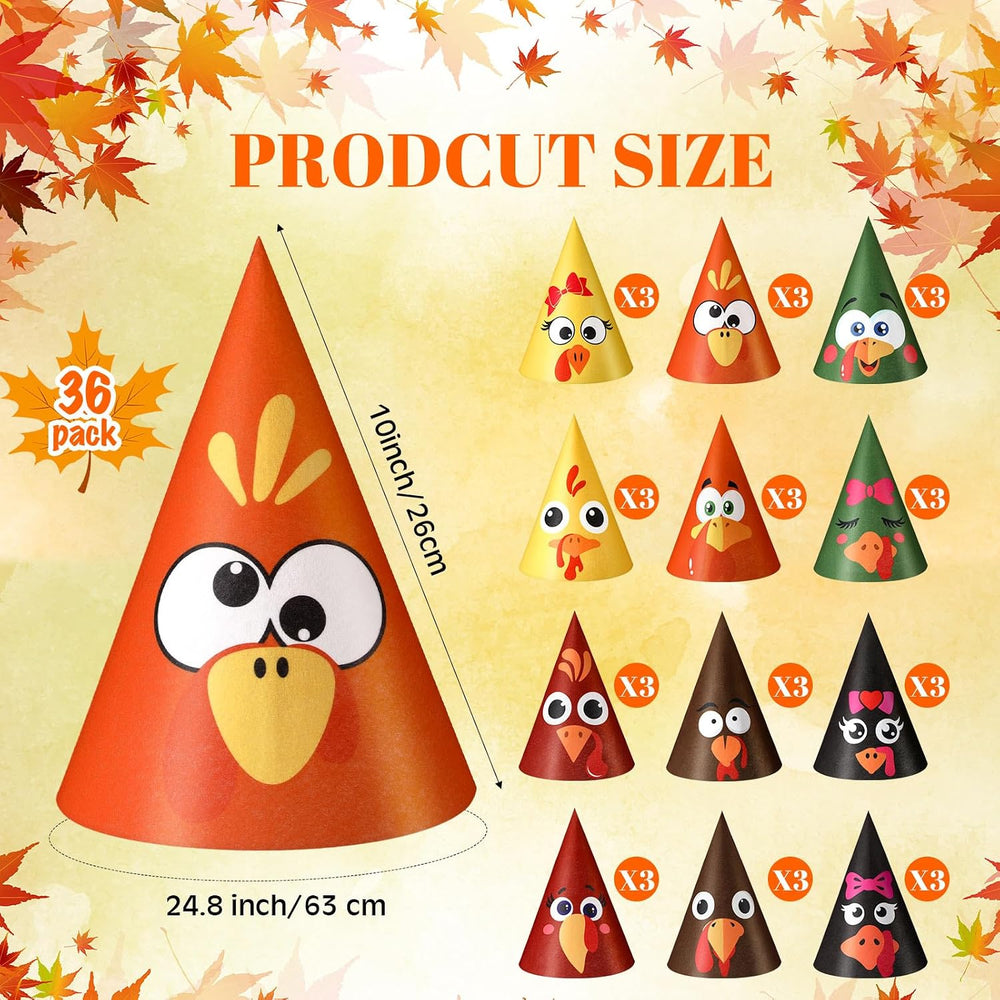36 Pcs Thanksgiving Turkey Felt Cone Hats Party Costume