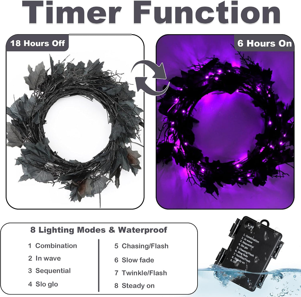 9 FT 72 LED Willow Vine Twig Decor Black Halloween Garland with Purple Lights, 8 Modes & Timer Waterproof Battery Operated for Home Fireplace Mantle Wall Office Indoor Halloween Decorations Party