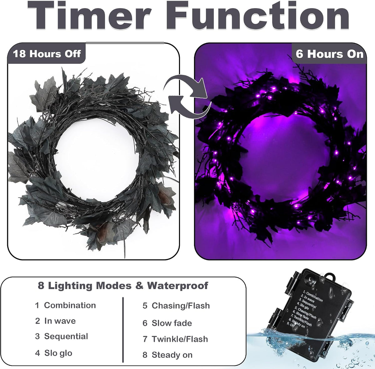 9 FT 72 LED Willow Vine Twig Decor Black Halloween Garland with Purple Lights, 8 Modes & Timer Waterproof Battery Operated for Home Fireplace Mantle Wall Office Indoor Halloween Decorations Party