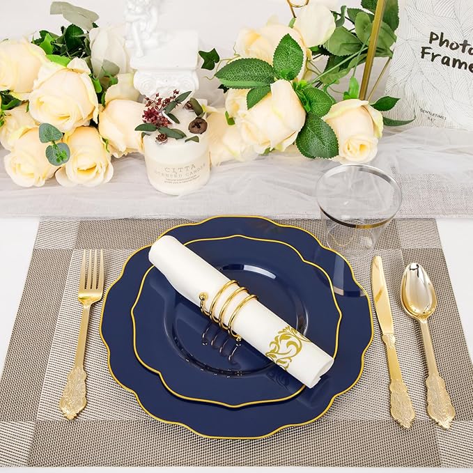 NOCCUR 175PCS Blue Plastic Plates with Disposable Silverware - Include 50 Blue Disposable Plates with Gold Rim,75 Gold Cutlery,25 Cups,25Napkins for Party/Hanukkah/Thanksgiving