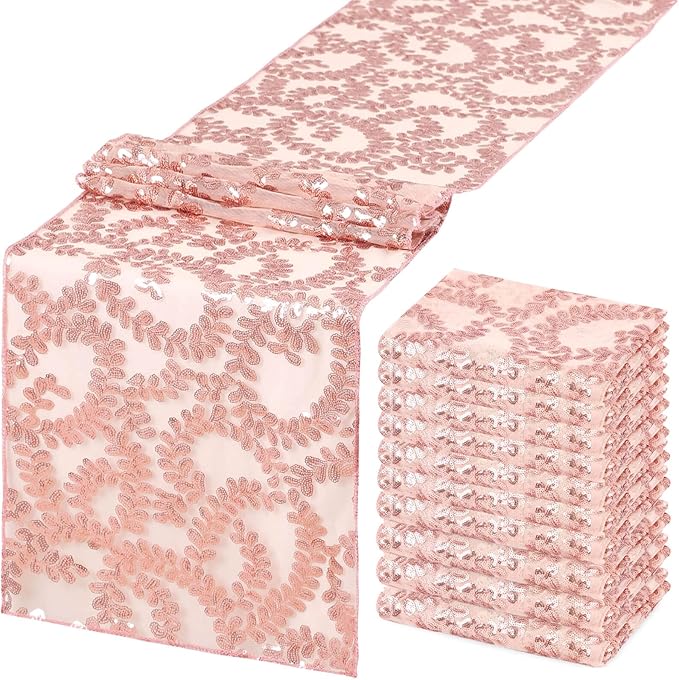 Wedding Sequin Table Runner Rose Gold Flower 10 Packs 12x108 Inch Glitter Table Runners for Banquet Table Decoration Sparkly Table Overlay