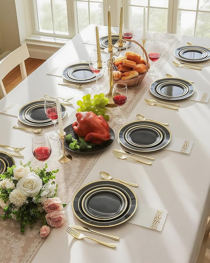 100PCS Black Plastic Plates Set with Gold Rim, 50 10.25 inch Dinner Plates and 50 7.5 inch Dessert Plates, Premium Disposable Plates forfor Party, Wedding, Holiday,And Halloween