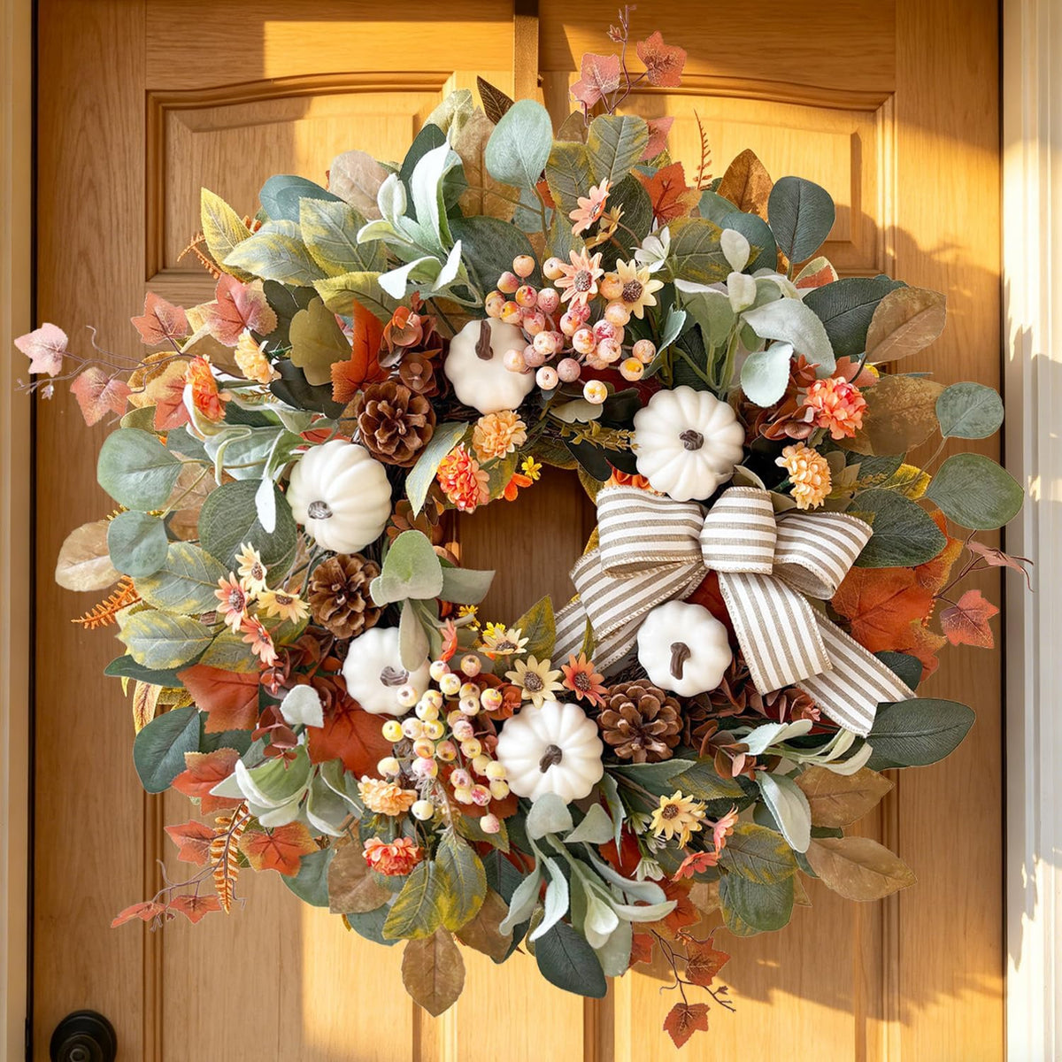 WANNA-CUL 24 Inch Farmhouse Fall Wreath for Front Door with White Pumpkin