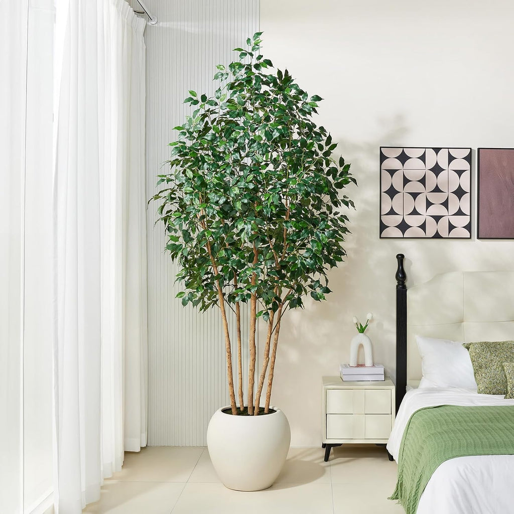 VeriNatural 8ft Artificial Ficus Tree with White Plante&Real Wood Trunks