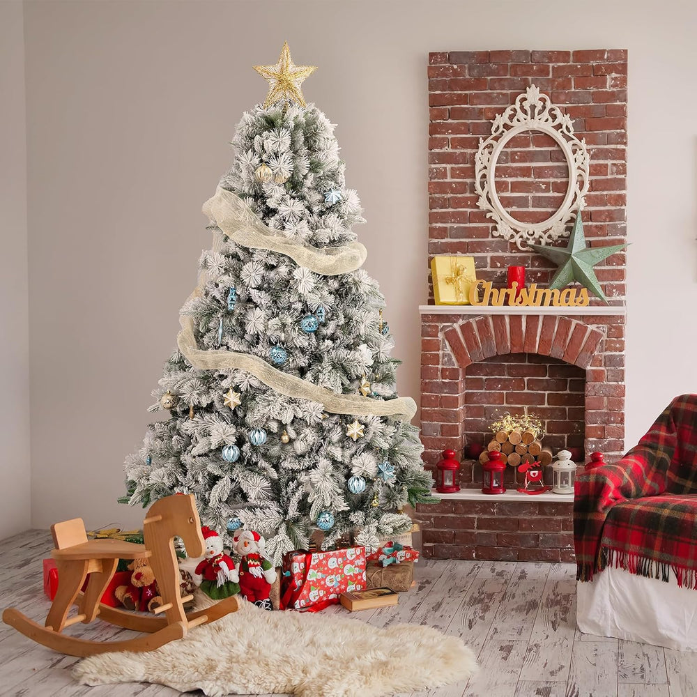 7ft Snow-Flocked Artificial Christmas Tree, LED pre-lit Holiday Xmas Tree for...