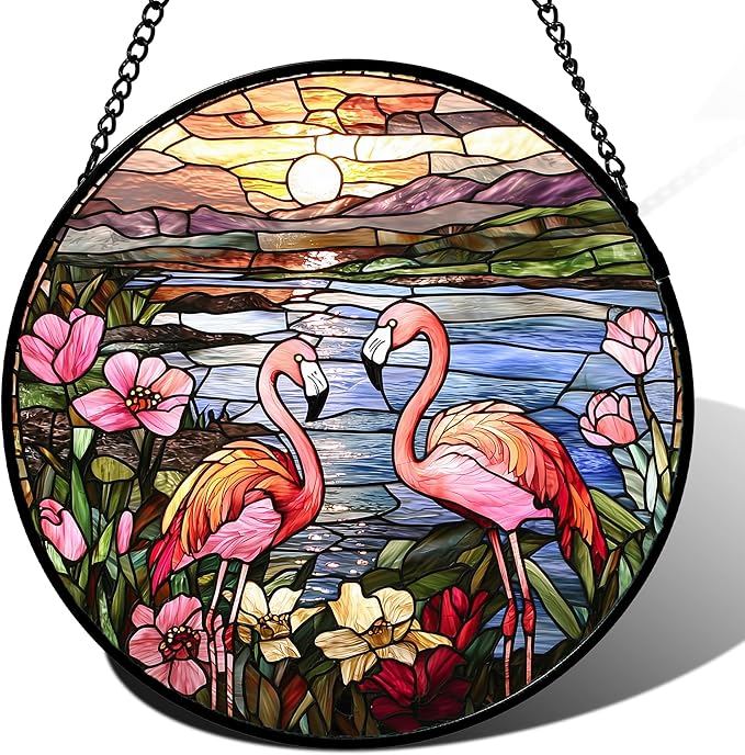 Stained Glass Window Hanging - Flamingo Wildflowers Landscape Suncatcher for Door Terrace Garden Home Decor Sunset Lake Sun Catcher Birthday Gifts for Lovers Women Men Dad Mom Nana 9.8 in