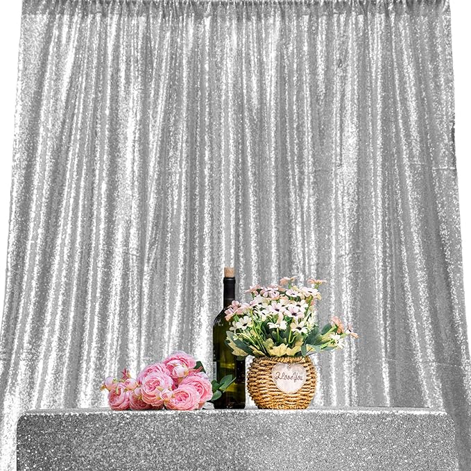 JYFLZQ Silver Sequin Backdrop Curtains 6ft x 8ft 1 Panel Glitter Photo Booth Backdrops Sparkly Photography Background Drapes for Parties Wedding Bridal Showers