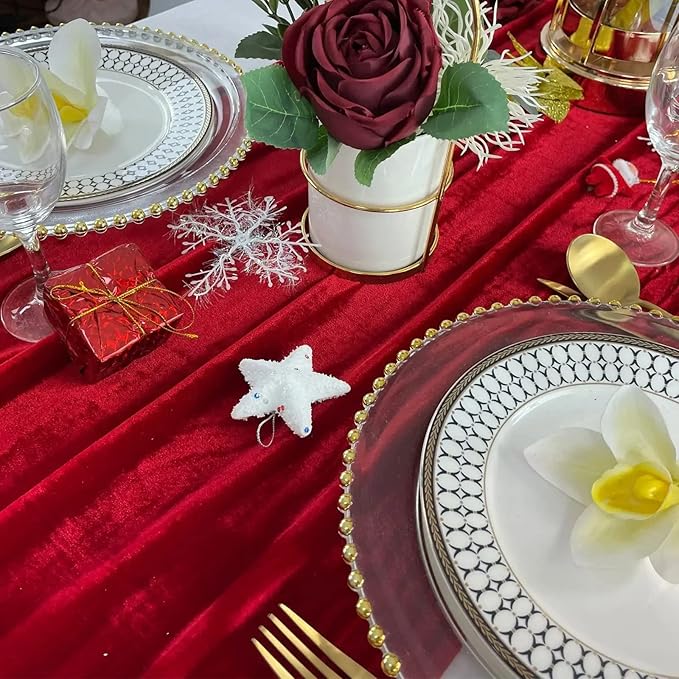 Luxurious Velvet Table Runner, 10ft Wedding Reception Decorations, 20x120inch Soft Velvet Fabric, Table Linen Overlay, Wedding Table Runners (Red, 20X120inch, 2pack)