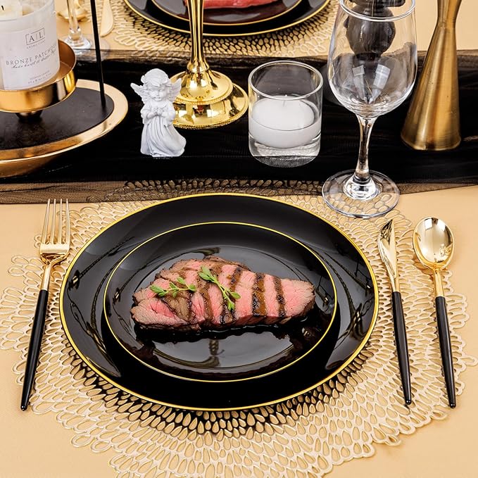 150pcs Black Plastic Plates, Black and Gold Plates,Gold Plastic Silverware,Black and Gold Dinnerware Set,Premiun Taleware,Perfect for Birthday,Party,Wedding,Anniversary