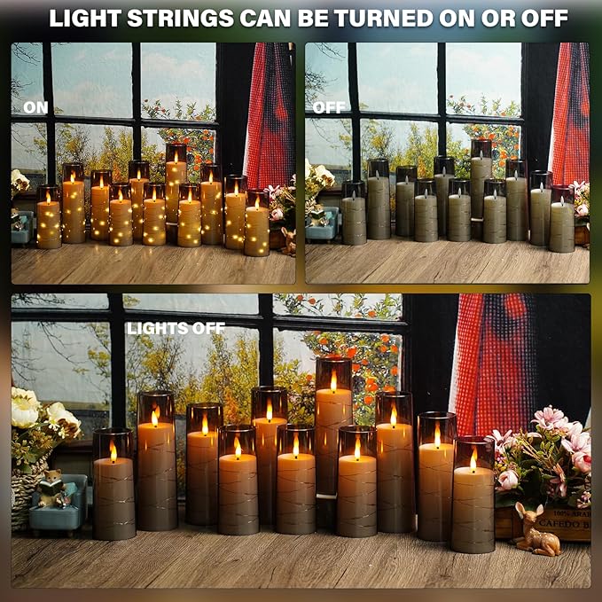 Flickering Flameless LED Candles,Battery Operated Candles 24 Pcs with Embedded Star String,Acrylic LED Pillar Candles with Remote,Suitable for Home Decoration to Create an Atmosphere (Grey)