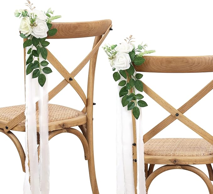 Wedding Aisle Decorations for Wedding Ceremony Set of 10 Pew Flowers for Church Chair Decorations Party Decor with Artificial Flowers Eucalyptus and Ribbons White