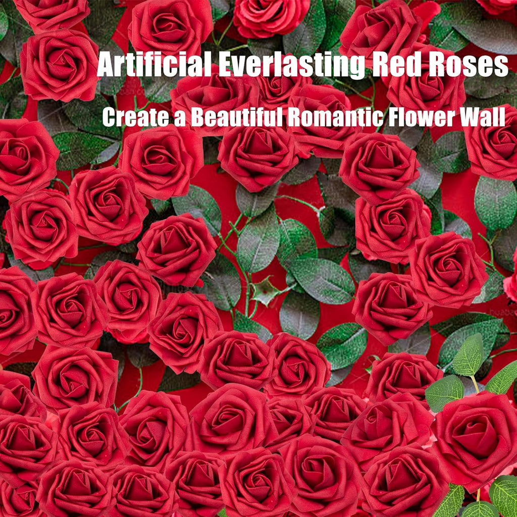 Cliselda 100Pcs Red Fake Roses Artificial Flowers Foam Rose Bulk with Stems