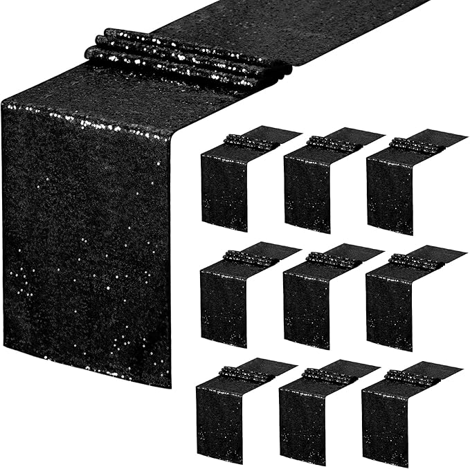 Black Table Runners Sparkly Halloween Table Runner 10 Packs 12x108 Inches Glitter Sequin Fabric for Birthday Party Holiday Supplies Decorations