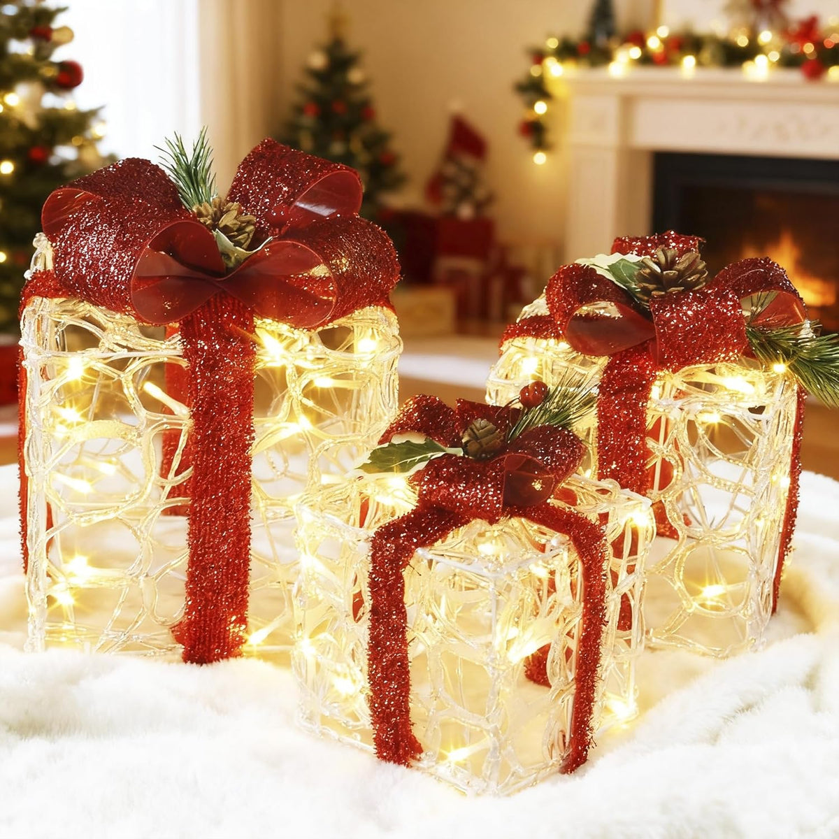 atdawn set of 3 lighted gift boxes christmas shown in use