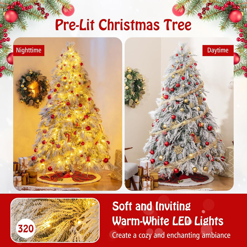 Goplus 7ft Pre-Lit Snow Flocked Christmas Tree, Artificial Hinged Full Xmas T...