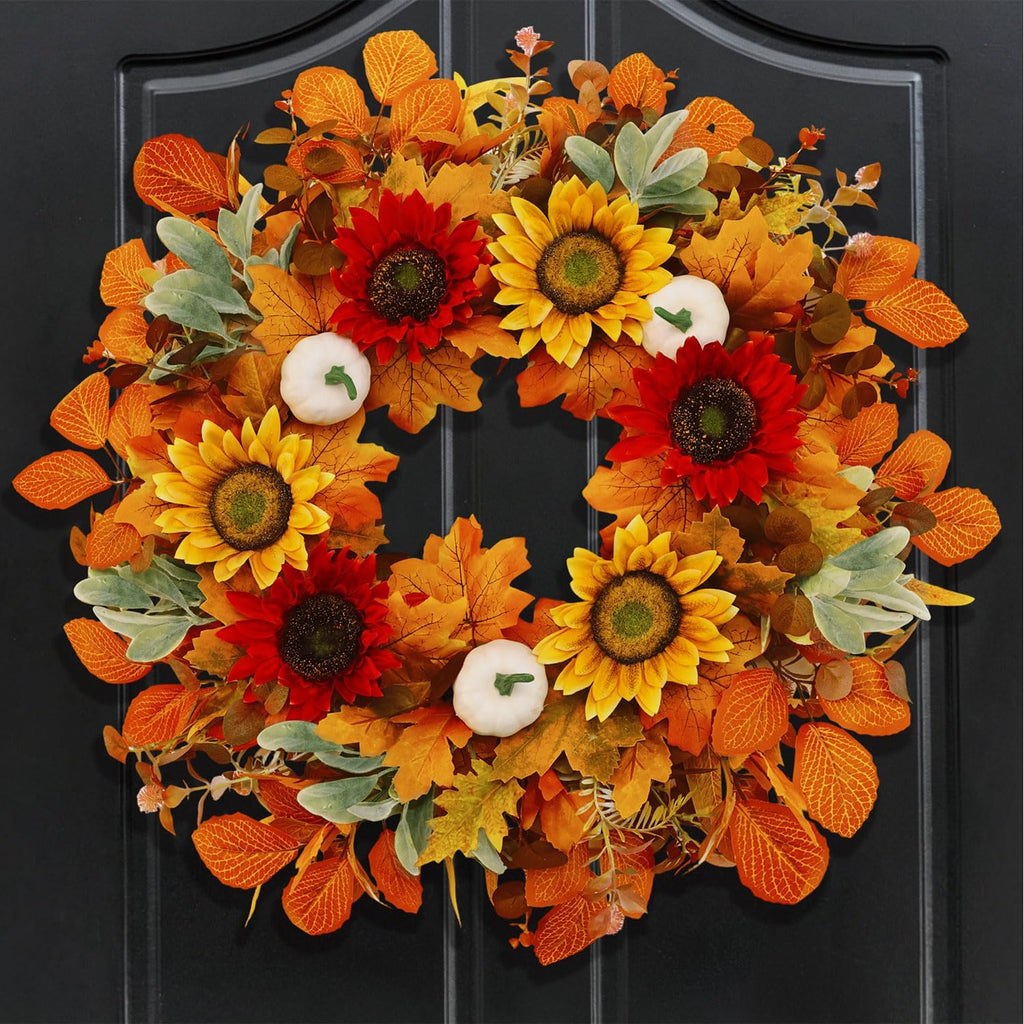 26Inch Harvest Fall Wreaths for Front Door with Sunflower and Pumpkins