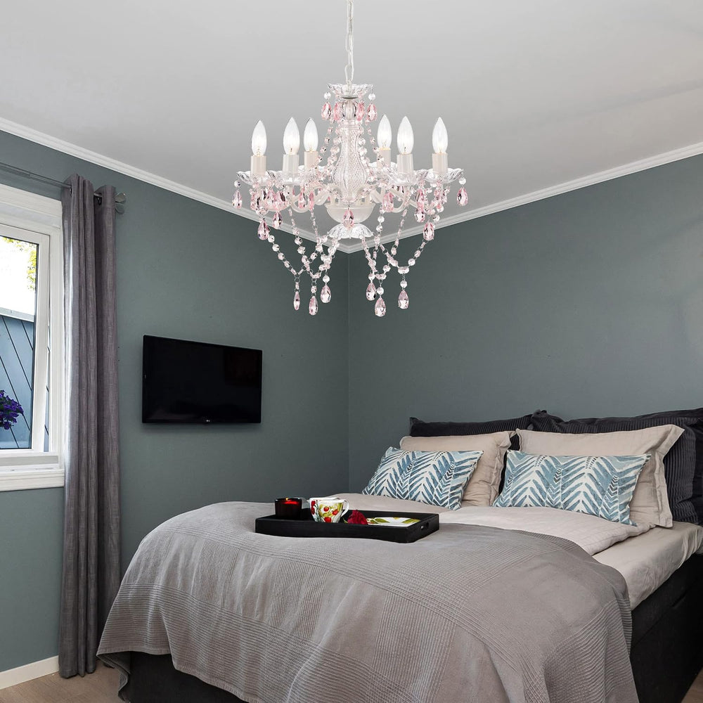 Mr.Color White Chandeliers Pink Crystal Chandelier Lighting Fixture 6 Light C...