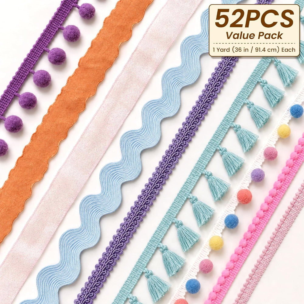 52 Pcs Ribbons for Crafts Set,Pastel Trim Bundle for DIY Sewing Wrapping