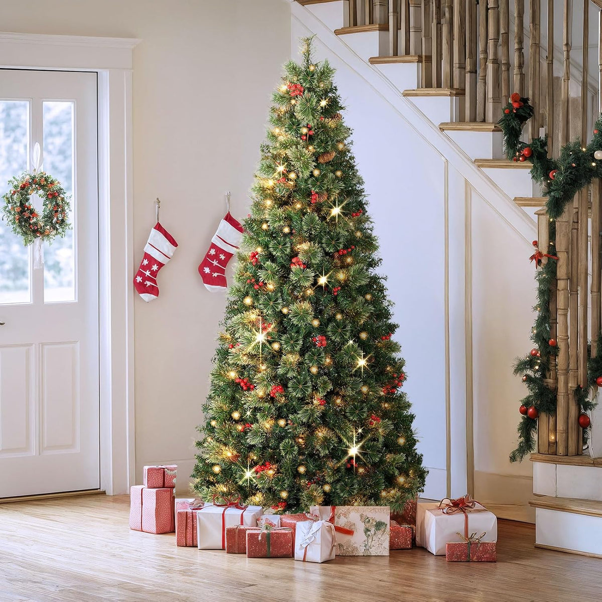OasisCraft Christmas Tree, 6 FT Prelit Pop Up Christmas Tree with Lights, Artificial Christmas Tree Decorated with Berries and Pine Cones, Tall Foldable Tree with Metal Base, Green for Outdoor Indoor