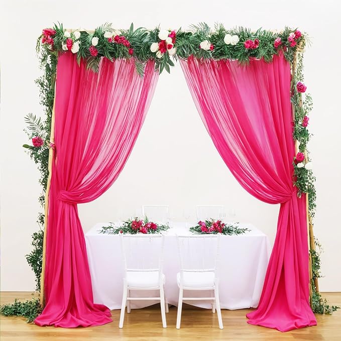 DUOBAO Fuchsia Wedding Backdrop Curtains 2-Pack 96 Inch Long Chiffon Curtain Panels with 4 Inch Rod Pockets for Windows Voile Drapes Treatment Ceremony Sheer Photography Backdrops(5FTx8FT Hot Pink)