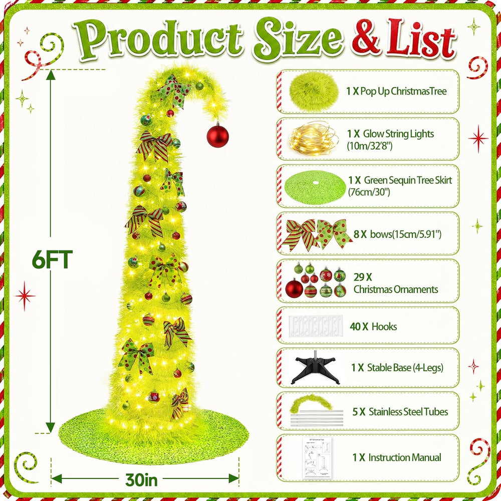 6FT Whimsical Pop-Up Christmas Tree with Lights Tree Skirt for Decorations