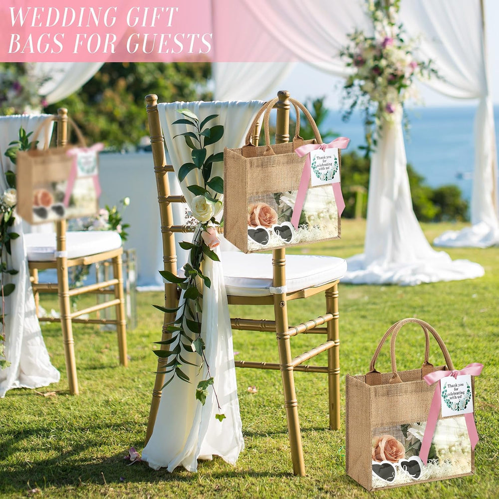 6 Pack Bridesmaid Burlap Tote Bags with Clear Window & Ribbon, Pink