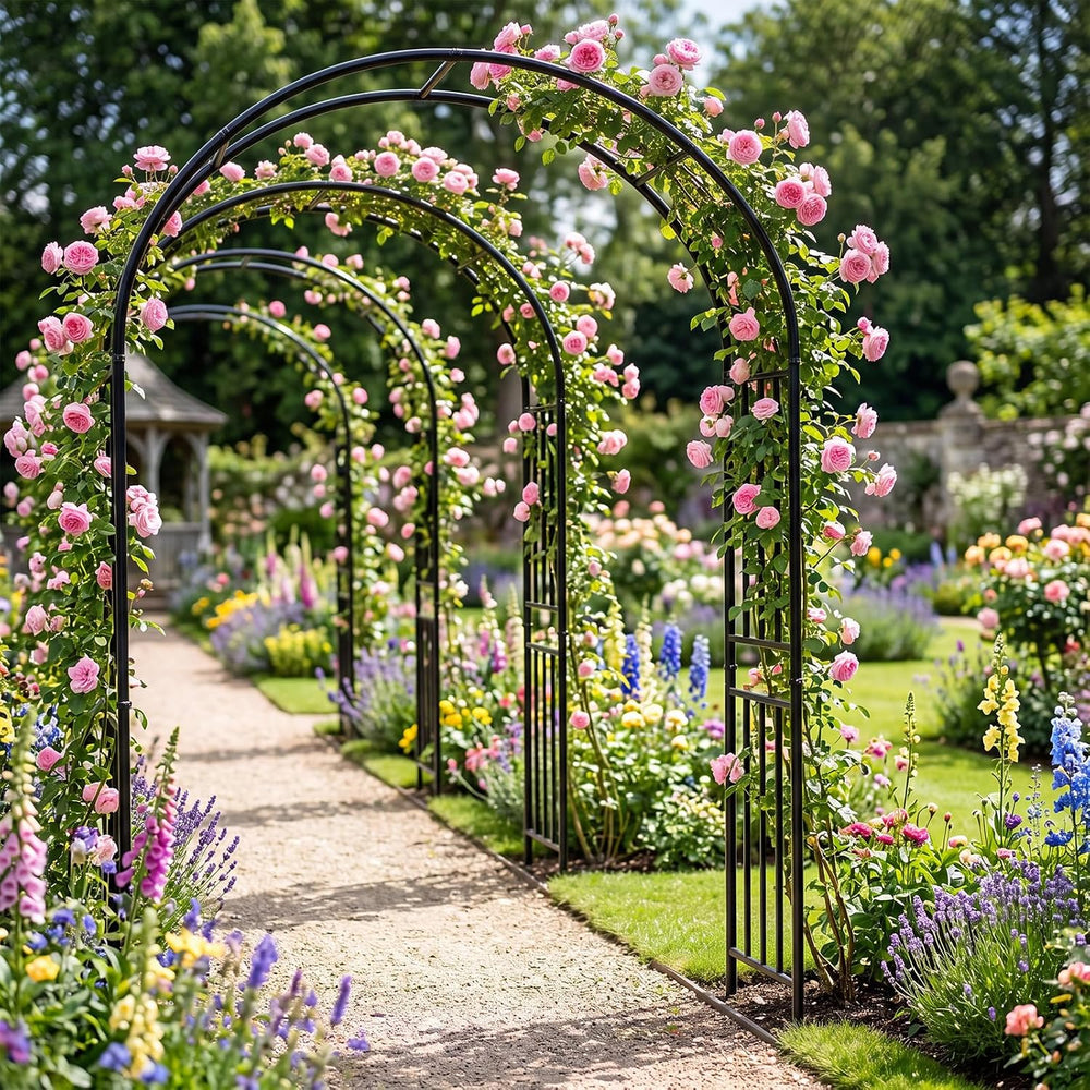 Moccha Garden Arch Arbor Trellis, 7.2Ft Outdoor Steel Arbor with Stakes, Meta...