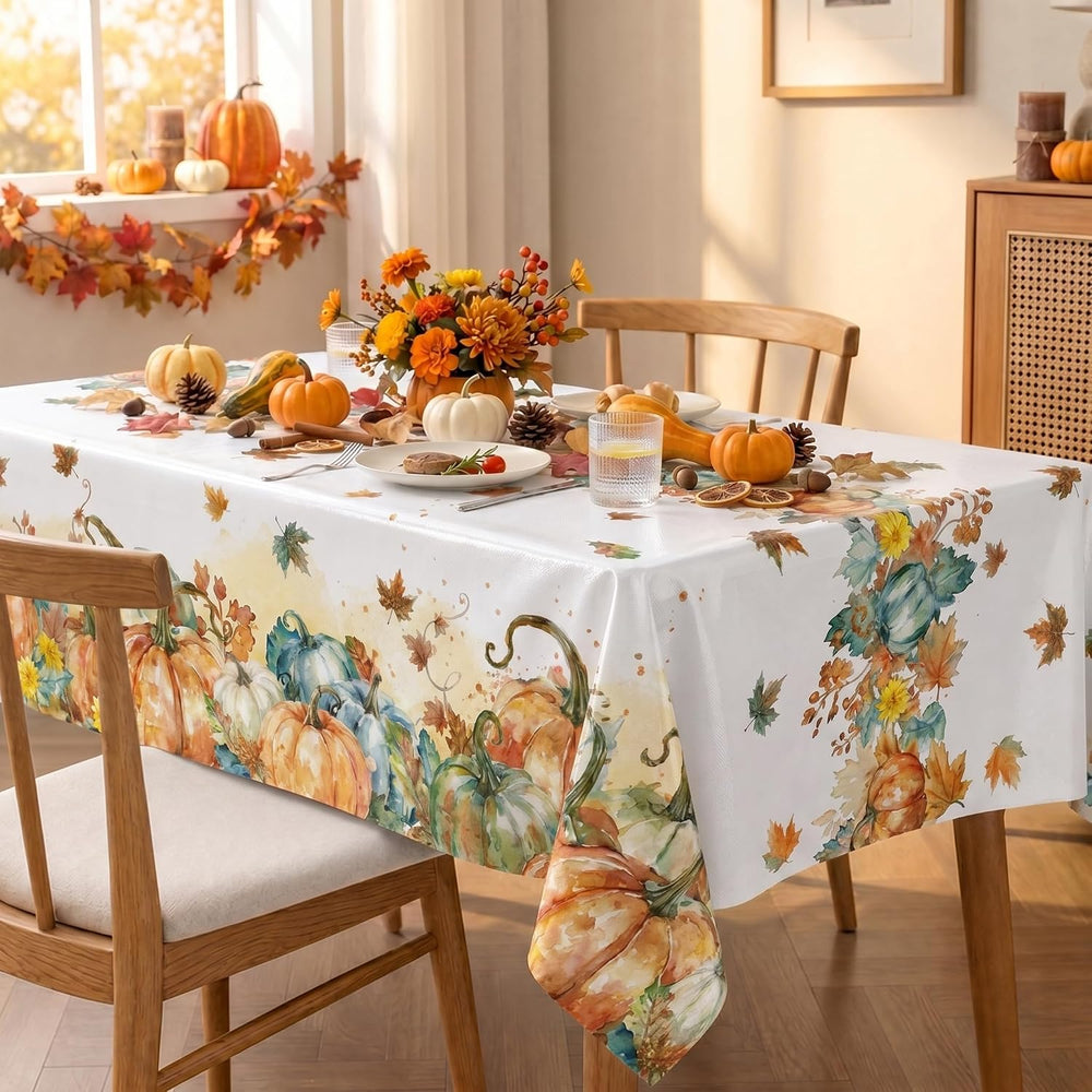 Horaldaily Vinyl Tablecloth 60×120 Inch Pumpkins Leaves Without Flannel