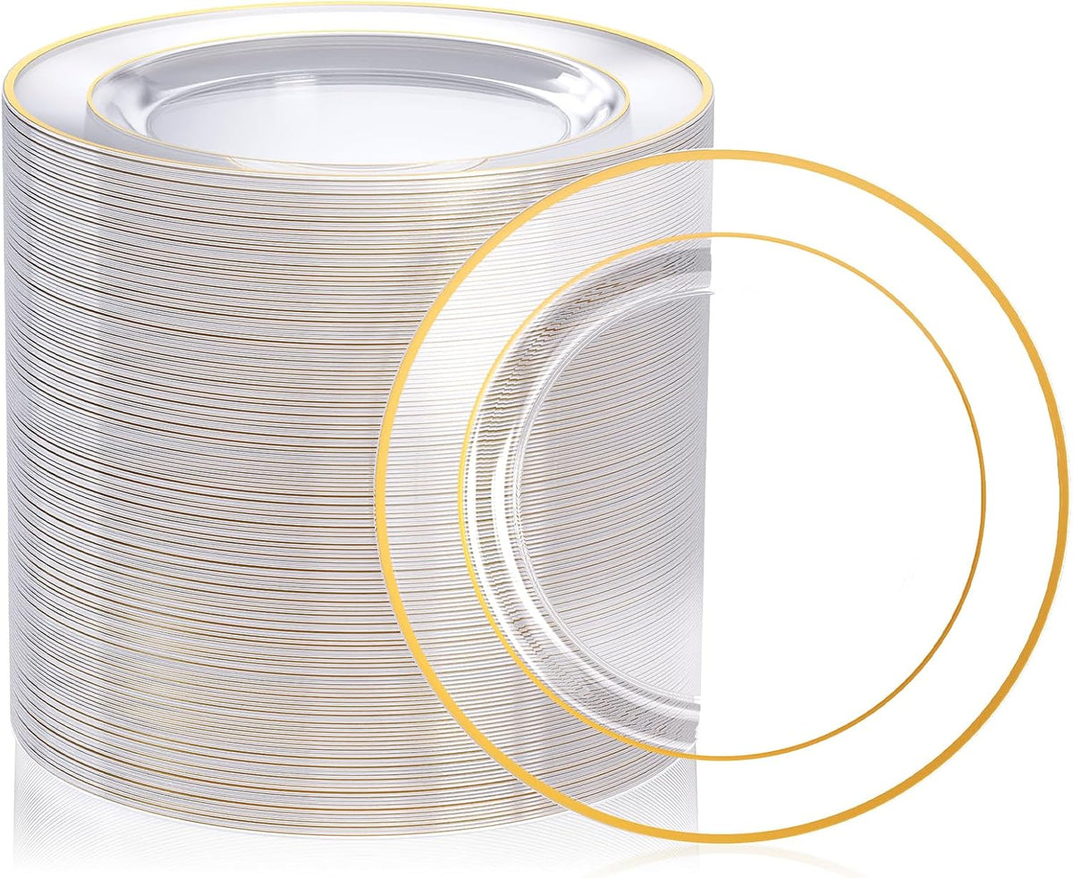 focusline 100 clear gold plastic plates, 7" small shown in use