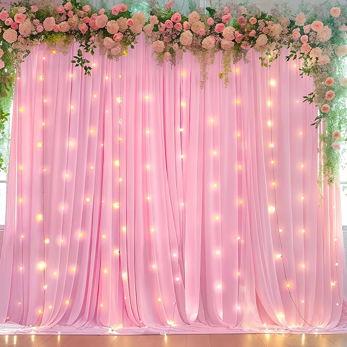 Pink Backdrop Curtains with Lights for Parties,10x10FT Wrinkle Free Polyester Wedding Photo Backdrop Curtains for Baby Shower Birthday Ceremony Reception Home Party Decorations-5ft x 10ft,2 Panels