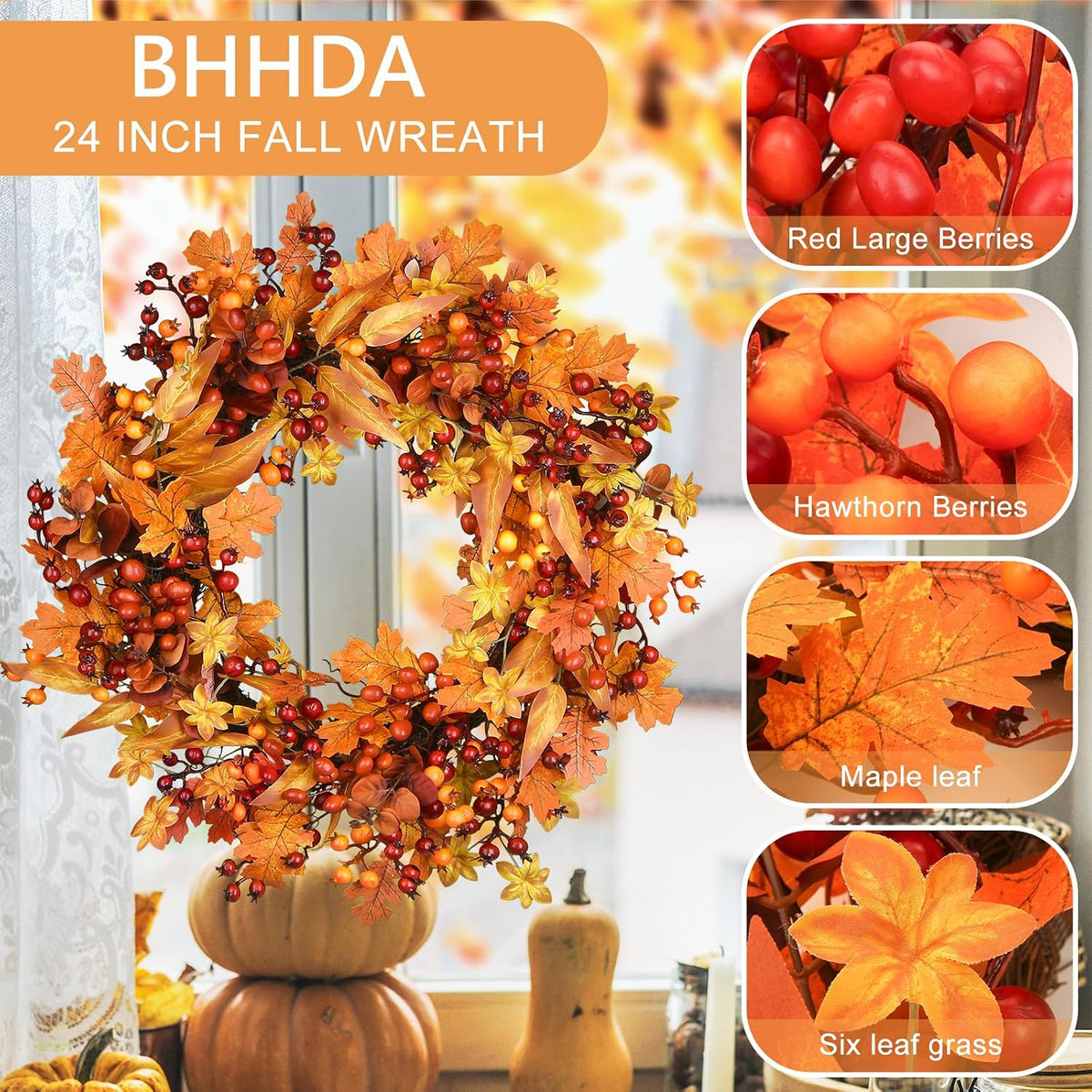 Fall Wreaths for Front Door 24 Inch Autumn Harvest Wreath for Thanksgiving