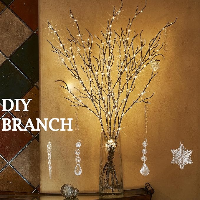 Fudios Lighted Branches Plug in 32IN 200 LED Mantle Winter Decor, Brown Twig Branch Lights for Christmas Holiday Party Indoor Outdoor