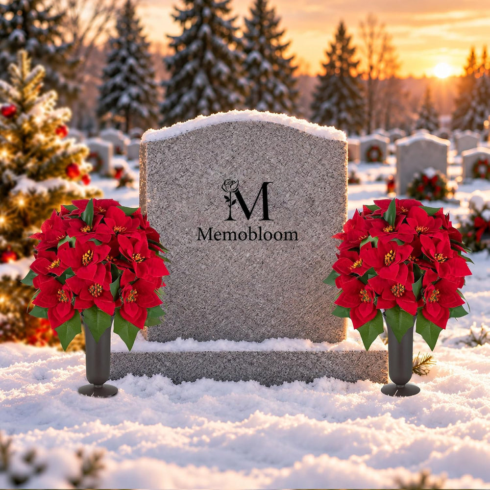 Christmas Cemetery Flowers for Grave: Poinsettia, 2 Pcs with Vase