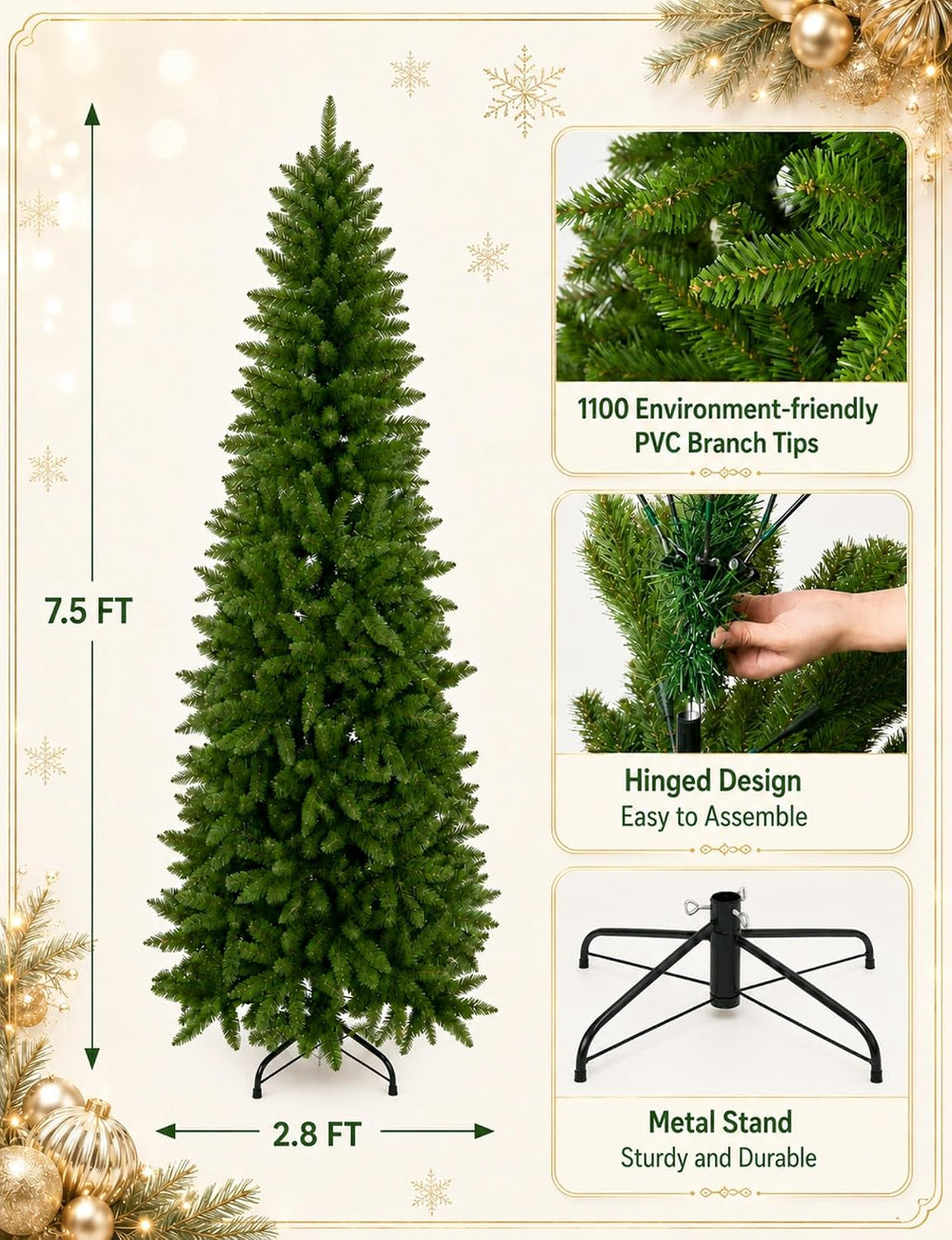 7.5ft Artificial Pencil Slim Christmas Tree, Includes Metal Stand, Kingswood ...